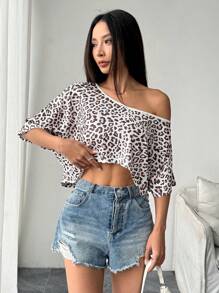 Chiquease Französischer eleganter Leopardenmuster Strick Bluse mit offenen Schultern, locker geschnitten, kurze Ärmel, Lässig Sommer Neuheit für Frauen - Verschiedenfarbig - Übersicht 3