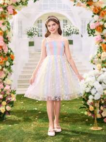 SHEIN Tween Girls' Elegant Floral Applique Mesh Splice Butterfly Decor Ombre Dress,Holiday,Summer,Travel - Multicolor - View 3