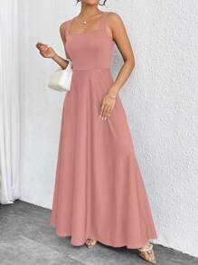 SHEIN Privé 女士纯色方领无袖优雅伞形下摆连衣裙 - 藕粉色 - 查看 5