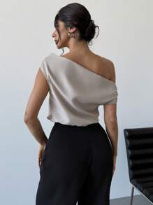 Firerie 亚麻不对称肩部短款抽绳下摆休闲衬衫，优雅上衣，适合日常、通勤、度假、约会、春夏季