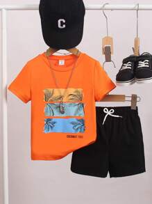 SHEIN Young Boy 2pcs Set: Tropical Print Short Sleeve T-Shirt And Shorts, Summer Casual - Orange - View 4