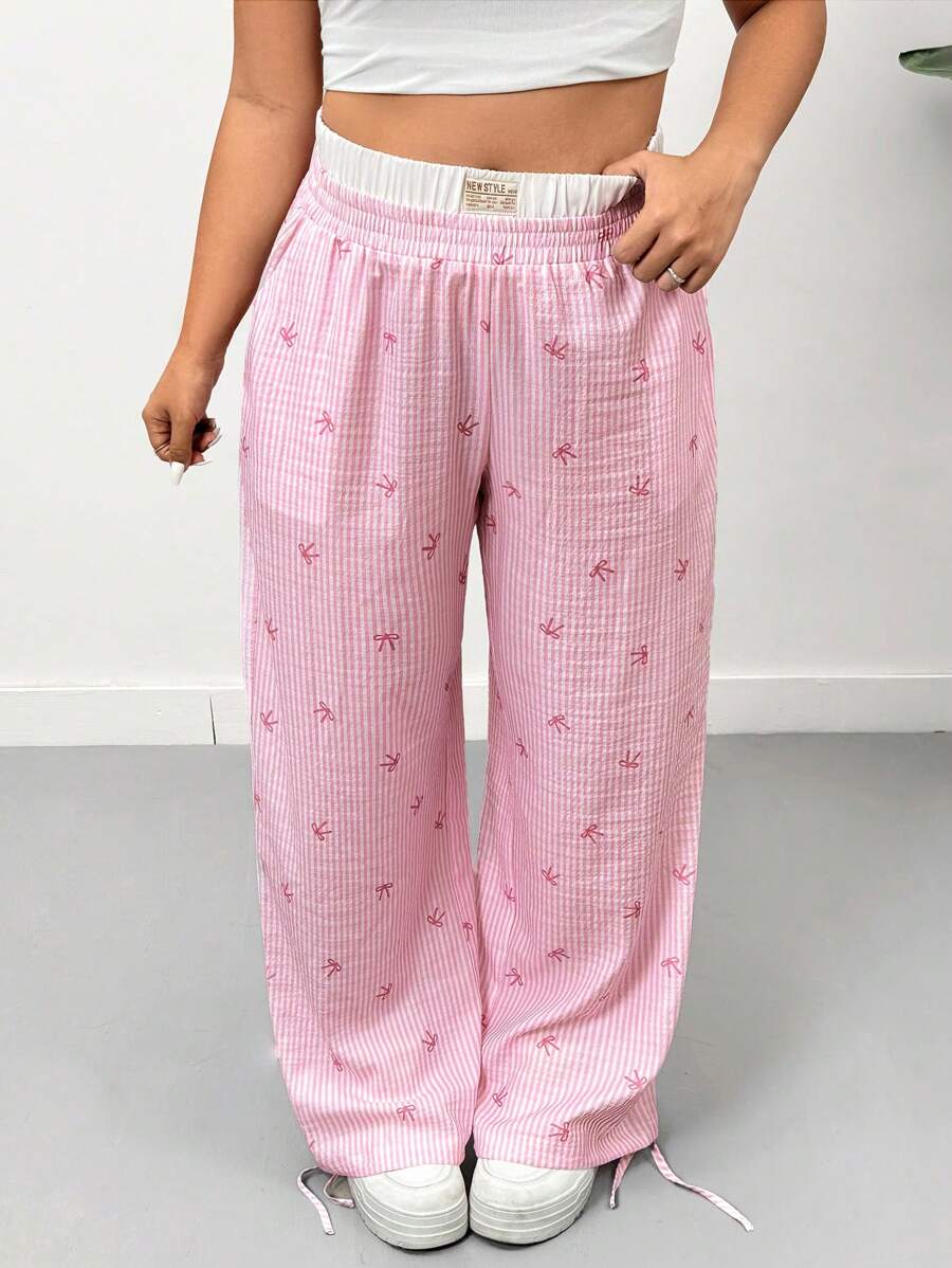 SHEIN EZwear Plus Size Bowknot Striped Print Casual Colorblock Pocket Pants, Spring/Summer - Pink - View 1