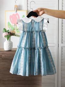 Young Girl Geometric Pattern Contrast Color Peter Pan Collar Cap Sleeve Cute Dress - Multicolor - View 2