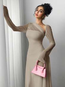 Siren Gaze 女士纯色撞色网眼不对称领口长袖优雅连衣裙，春/秋