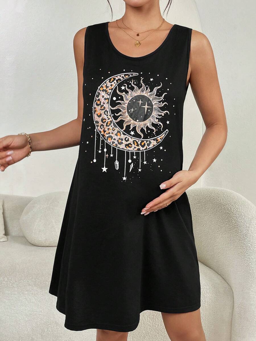 SHEIN Maternity Leopard Moon Print Casual Round Neck Sleeveless Dress - Black - View 1