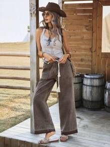 Breezaya Women's Loose Fit Pocket Flared Leg Casual Versatile Jeans Western Wear Women Boho Denim