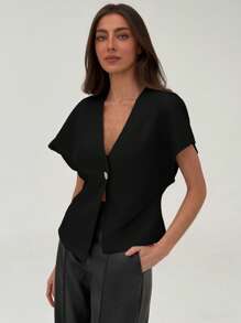 Aloruh 简约办公室通勤时尚深 V 腰合身短款不对称下摆女式西装外套 - 黑色 - 查看 6