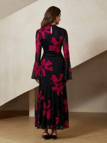 Aveloria Rosie Elegant French Style Floral Print Black Bodycon Dress With Flared Sleeves And Mesh Details Dresses For Women Elegant  All Over Print For Spring Fall - Hot Pink - View 2