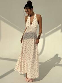 Aloruh Elegantes, sexy tiefes V-Ausschnitt-ärmlelloses, süß rosa Ditsy-Blumen A-Linien Kleid mit fließendem Saum in Midi-Länge, geeignet für Urlaub und Teegesellschaft