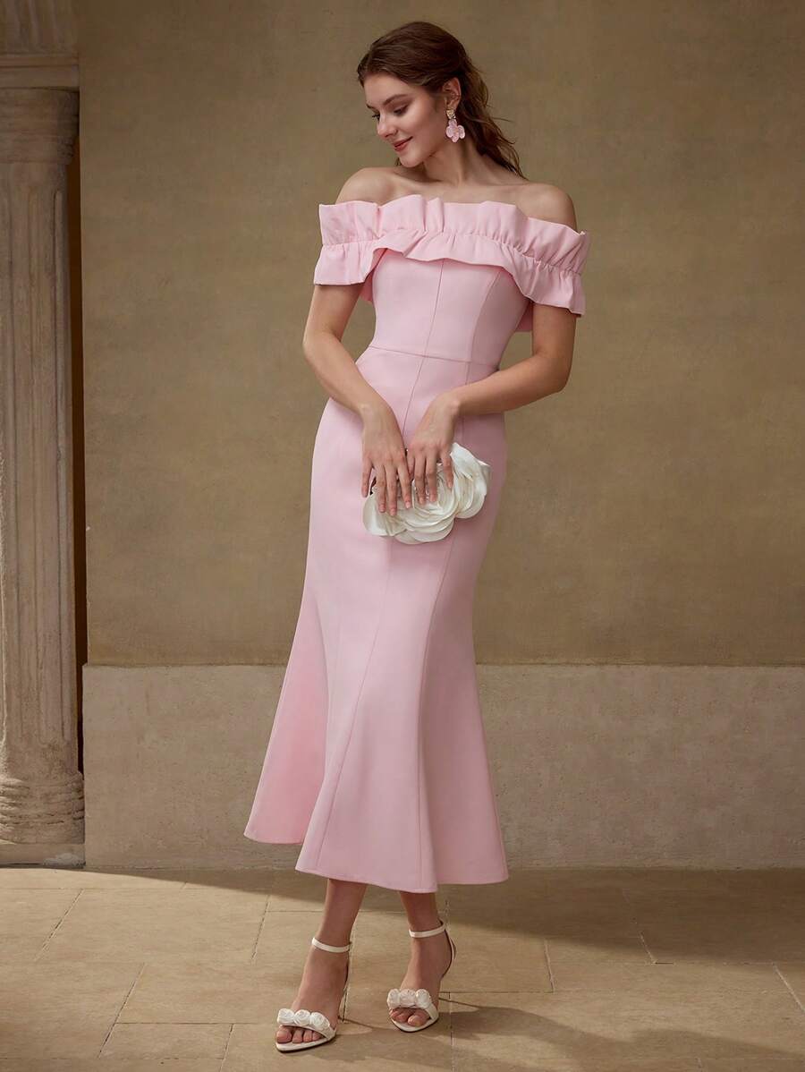 MOTF PREMIUM VESTIDO CON VOLANTE HOMBROS DESCUBIERTOS CORTE SESGO - Rosa - Ver 1