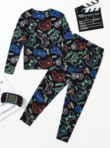SHEIN Tween Boy Fluorescent Game Controller Pattern Round Neck Long Sleeve Snug Fit Pajama Set, 2 Pcs - Multicolor - View 2