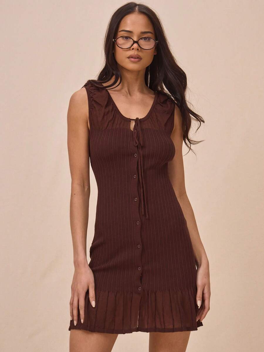MUSERA Scoop Neck Tie Front Rib Knit Pleated Hem Mini Dress Summer Outfits Spring - Coffee Brown - View 1
