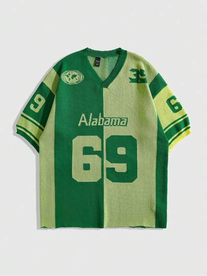 Street Life Men's Jersey V-Neck Short Sleeve Football Pattern Letter Graphic Knit Top