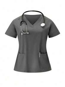 TaskEZ Plus Size Women's Solid Color V-Neck Pocket Short Sleeve Top And Pants Scrub Uniform Set - Grey - View 4