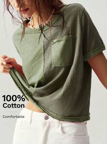 Bohemela Boho Vacation Casual Knit Color Block Round Neck Short Sleeve Loose T-Shirt For Women - Army Green - View 9