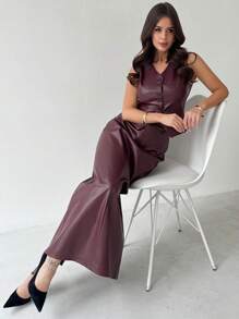 Firerie Women Elegant Simple Refined Commuting Office Fashionable Everyday V-Neck Button Leather Vest And High Waist Straight Split Hem Skirt Akula Red Leather Suit, Spring/Summer - Burgundy - View 2