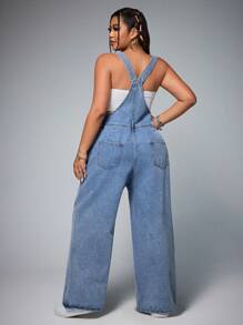 SHEIN ICON Plus Size Women Loose Casual Pocket Straight Leg Denim Jumpsuit - Blue - View 2