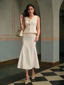 ZEYLAH Áo cánh hở vai bằng vải satin chắp vá thanh lịch và dễ thương - Màu be - Xem 6