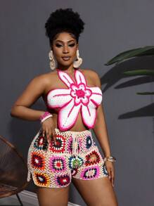 Slaydiva Ensemble top ras-du-cou à dos ouvert et short fleuri pour femmes grande taille - Multicolore - Voir 6