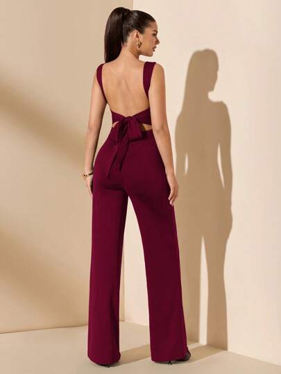 SHEIN BAE Solid Black Elegant Sexig Backless Tie-Up Bow Ärmlös extra wide leg jumpsuit, mångsidig outfit för dagligen, dejt, gå ut, fest, elegant, asymmetrisk wide leg jumpsuit, alla hjärtans dag jumpsuit, Everyday jumpsuit, sofistikerad jumpsuit