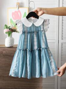 Young Girl Geometric Pattern Contrast Color Peter Pan Collar Cap Sleeve Cute Dress - Multicolor - View 3