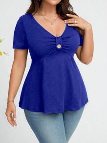 SHEIN Clasi Plus Size Simple Plain Short Sleeve T-Shirt, Casual And Versatile - Royal Blue - View 4