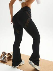 Easithlete 休闲高端复古豹纹网眼拼布紧身弹力修身运动/健身紧身裤，百搭修身优雅腰部塑身提臀，适合户外、瑜伽、日常穿着 - 黑色 - 查看 7