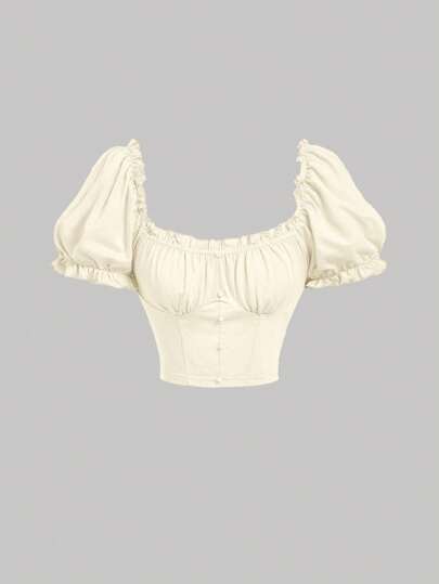 SHEIN MOD Women's Solid Color Ruffle Hem Short Puffy Sleeve Button Design T-Shirt