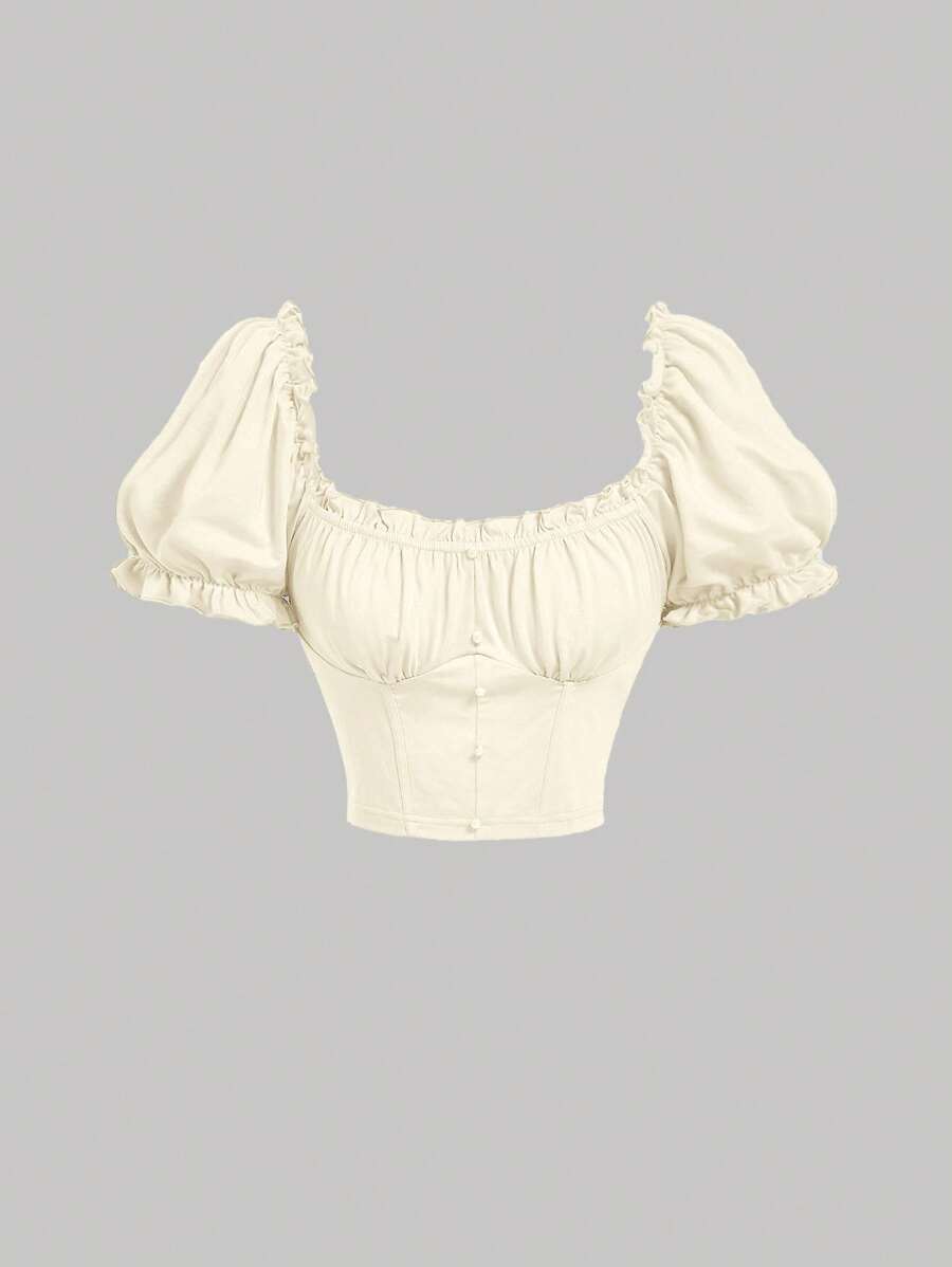 SHEIN MOD Áo thun nữ tay ngắn phồng màu trơn có viền bèo nhún và cài nút - Màu be - Xem 1