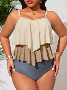 SHEIN Swim Curve Plus Size 2pcs Colorblock Knit High Waist Tankini Top & Bottom Set, Spaghetti Strap, Ruffled Hem, Slimming Mature Style Bikini - Multicolor - View 1