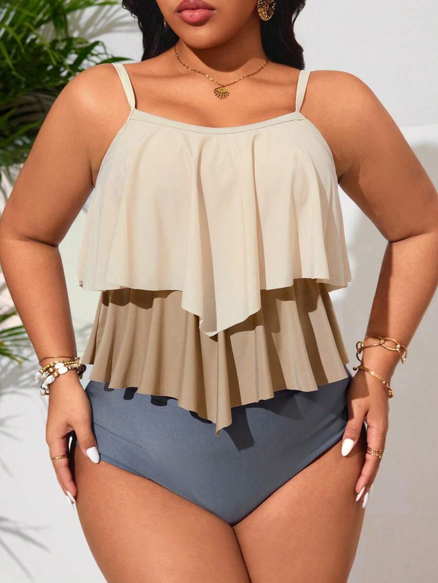 SHEIN Swim Curve Plus Size 2pcs Colorblock Knit High Waist Tankini Top & Bottom Set, Spaghetti Strap, Ruffled Hem, Slimming Mature Style Bikini - Multicolor - View 1