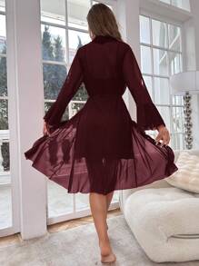 Slumberist Conjunto de camisón y bata de mujer elegante y sexy de unicolor con aplicaciones de encaje y tirantes finos - Granate - Ver 2