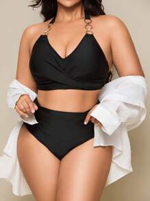 SHEIN Swim Curve Plus Size Women 2 Pieces Neck-Tie Backless Cut-Out High Waist Casual Swimwear