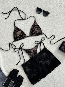 Swim Mod Vestido envolvente de playa con ribete de encaje negro, falda con cintura elástica como cubierta de traje de baño para mujer