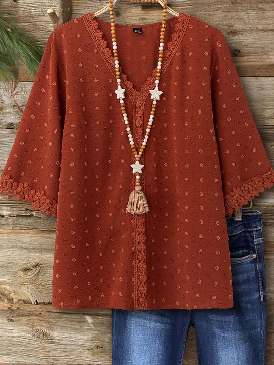 SHEIN LUNE Plus Size Women's V-Neck Textured Polka Dot Long Sleeve Ruffled Panel Casual Loose Fit Blouse, Suitable For Spring/Summer, Vacation And Daily Wear