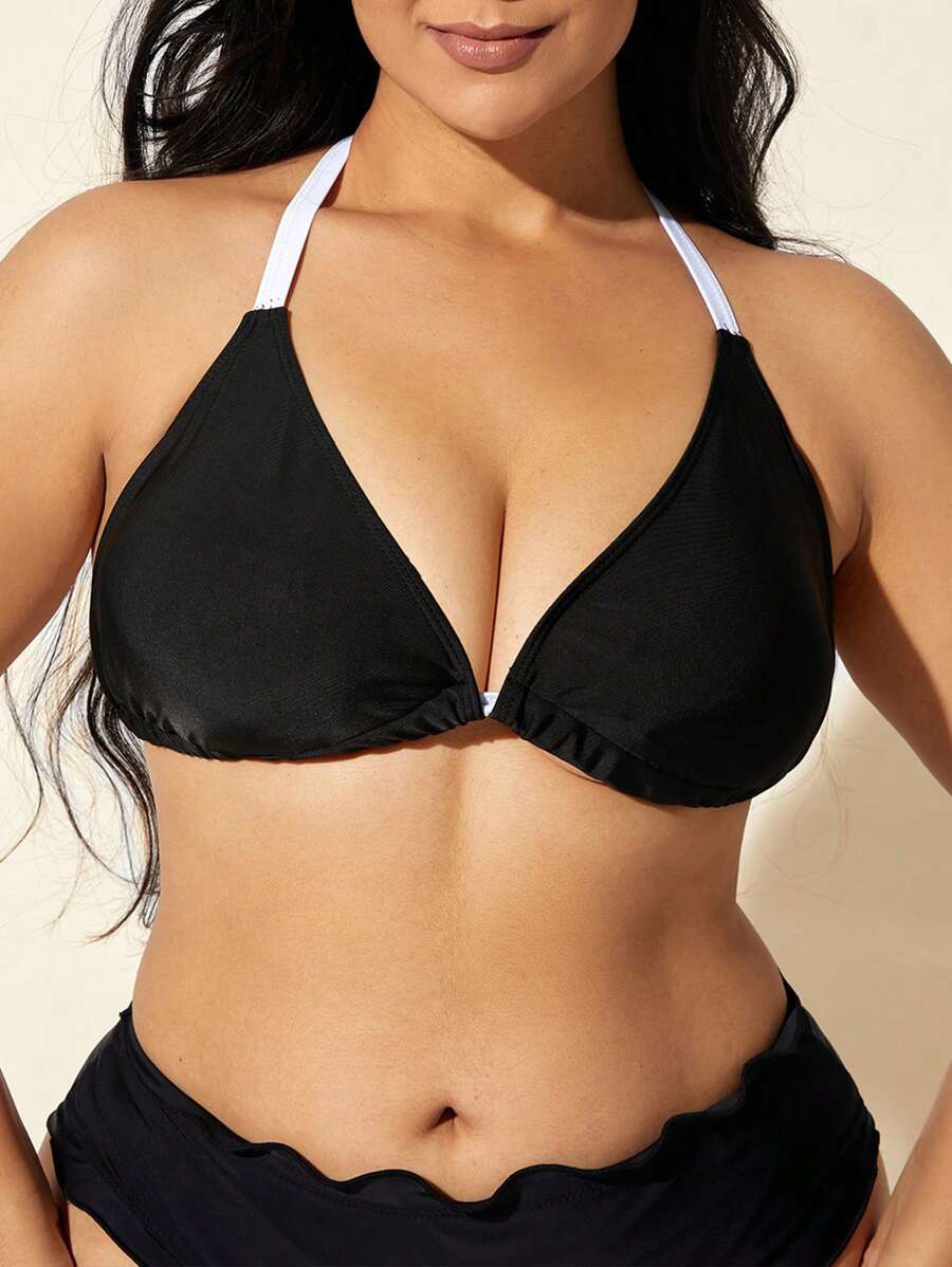 SHEIN Swim Plus Size Contrast Color Splice Halter-Neck Back Tie Bikini Top, For Summer Beach Vacation - Black - View 1