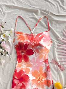 Soleia Váy dây mảnh in họa tiết hoa toàn thân cho kỳ nghỉ giản dị dành cho nữ - Đỏ - Xem 4