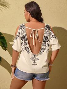 Breezaya Damen Große Größen Schwarze Bluse mit Blumen-Tintenmuster und Hohlräumen, Kurzarm, Sommer, St. Patrick's Day Rave, Frühlingsfest