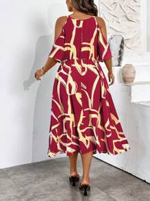 SHEIN Clasi Plus Size Women's Elegant Open Shoulder Vacation Dress - Red - View 2