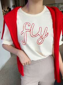 女士刺绣拼布撞色圆领宽松T恤，图案T恤 - 白色 - 查看 6