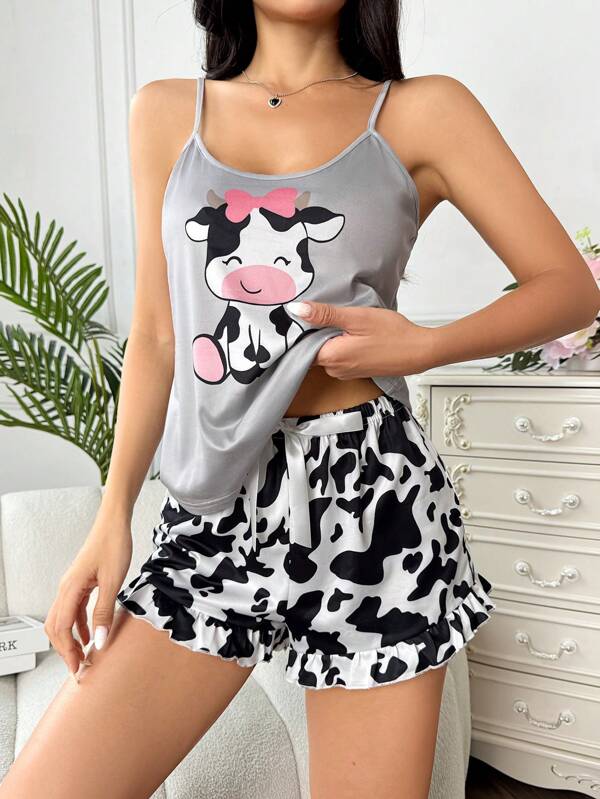 2 piezas Conjunto de pijama con estampado de vaca lindo para mujer en temporada navideña