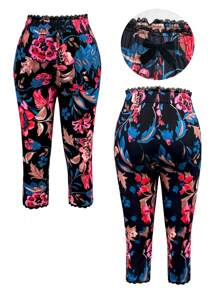 Women's Lace Patchwork Floral Print Tight 3/4 Length Leggings - Multicolor - View 2