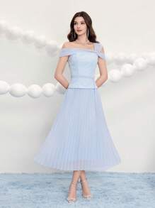 Poshira 女士不对称领口提花编织褶皱腰鸡尾酒会礼服、婚礼宾客礼服、音乐节春夏优雅礼服派对礼服、正式礼服、舞会礼服 - 藍色 - 查看 1