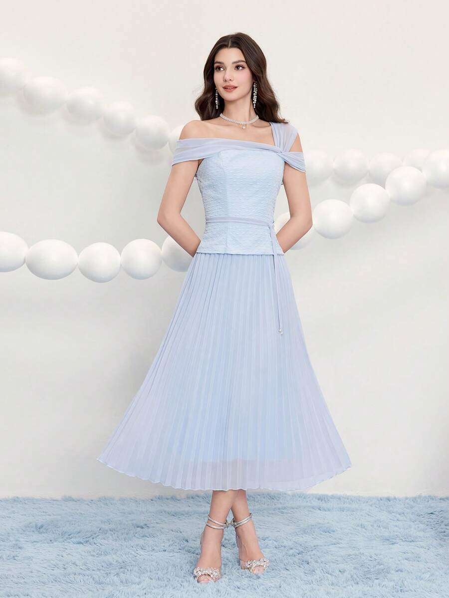 Poshira 女士不对称领口提花编织褶皱腰鸡尾酒会礼服、婚礼宾客礼服、音乐节春夏优雅礼服派对礼服、正式礼服、舞会礼服 - 藍色 - 查看 1