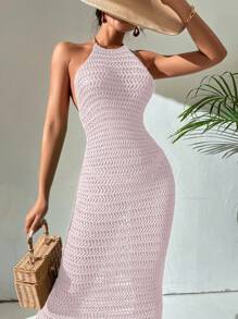 Breezaya Robe dos nu à encolure montante transparente avec lacets de couleur unie - Rose bonbon - Voir 4