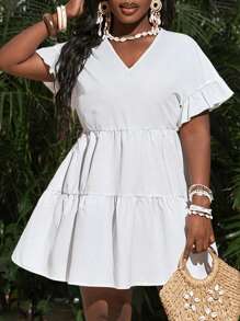 Slaydiva 2025夏季新款白色V领A字荷叶边迷你连衣裙，休闲度假风，适合海滩、度假约会、日常街头派对-A - 白色 - 查看 1