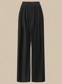 Flirla Plus-size effen ronde hals asymmetrisch geplooid T-shirt met korte mouwen en wijde broek (2-delige set), casual, veelzijdige en relaxte pasvorm voor dagelijks gebruik en feestdagen, lente/herfst