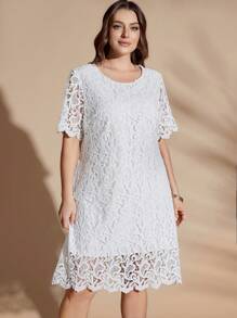 SHEIN LUNE 大码女式圆领短袖水溶性蕾丝连衣裙 - 白色 - 查看 4