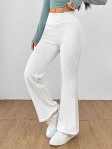 SHEIN PETITE 女款天鹅绒加厚纯色长裤 - 白色 - 查看 4