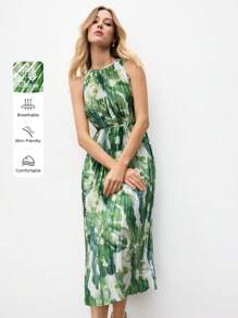 BizChic Vestido de mujer con estampado de teñido anudado verde y blanco, corte halter, plisado, con cinturón, para verano